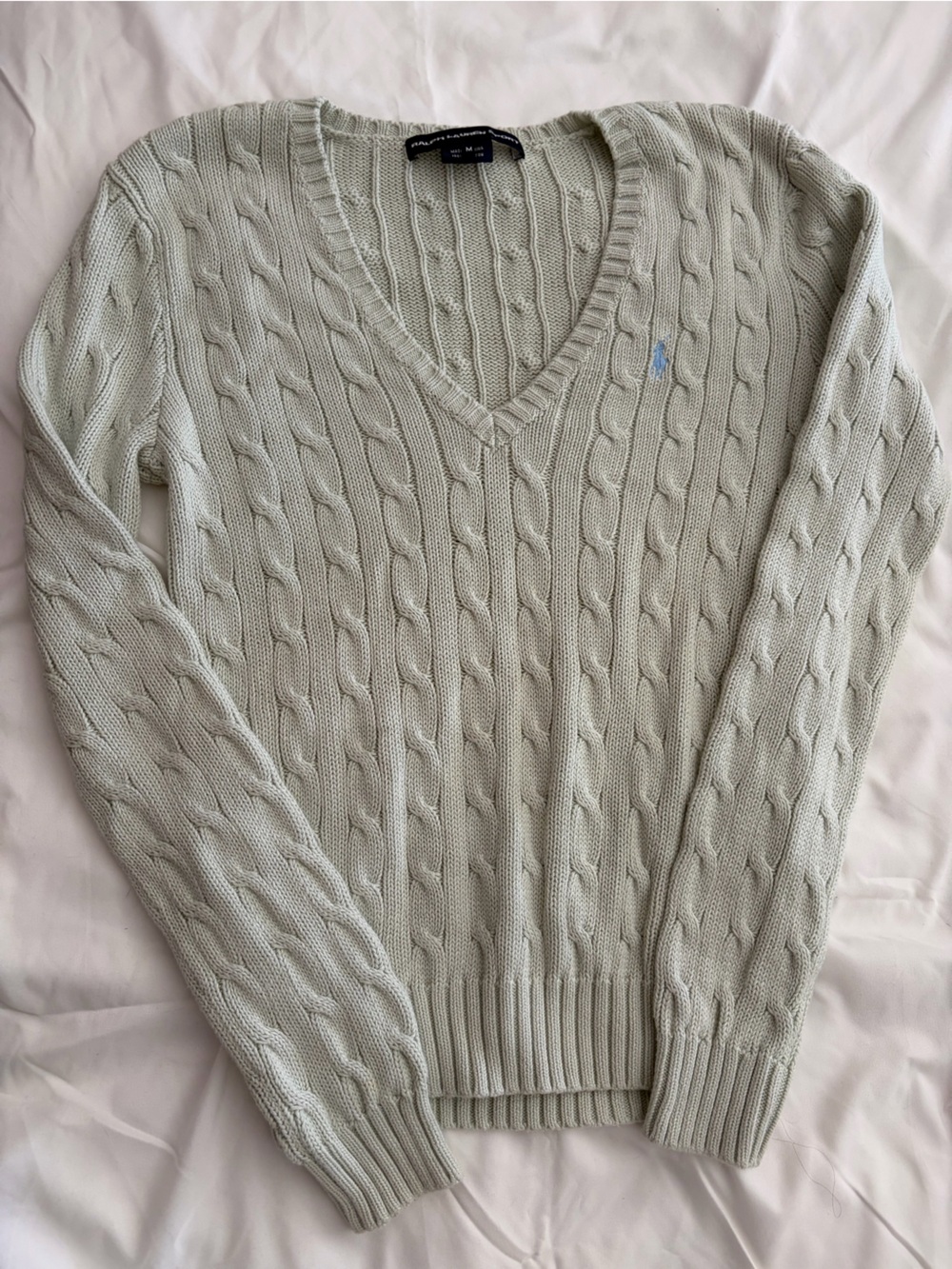 Ralph Lauren Women's Cable Knit V-Neck Sweater in Pale Gray-Green
